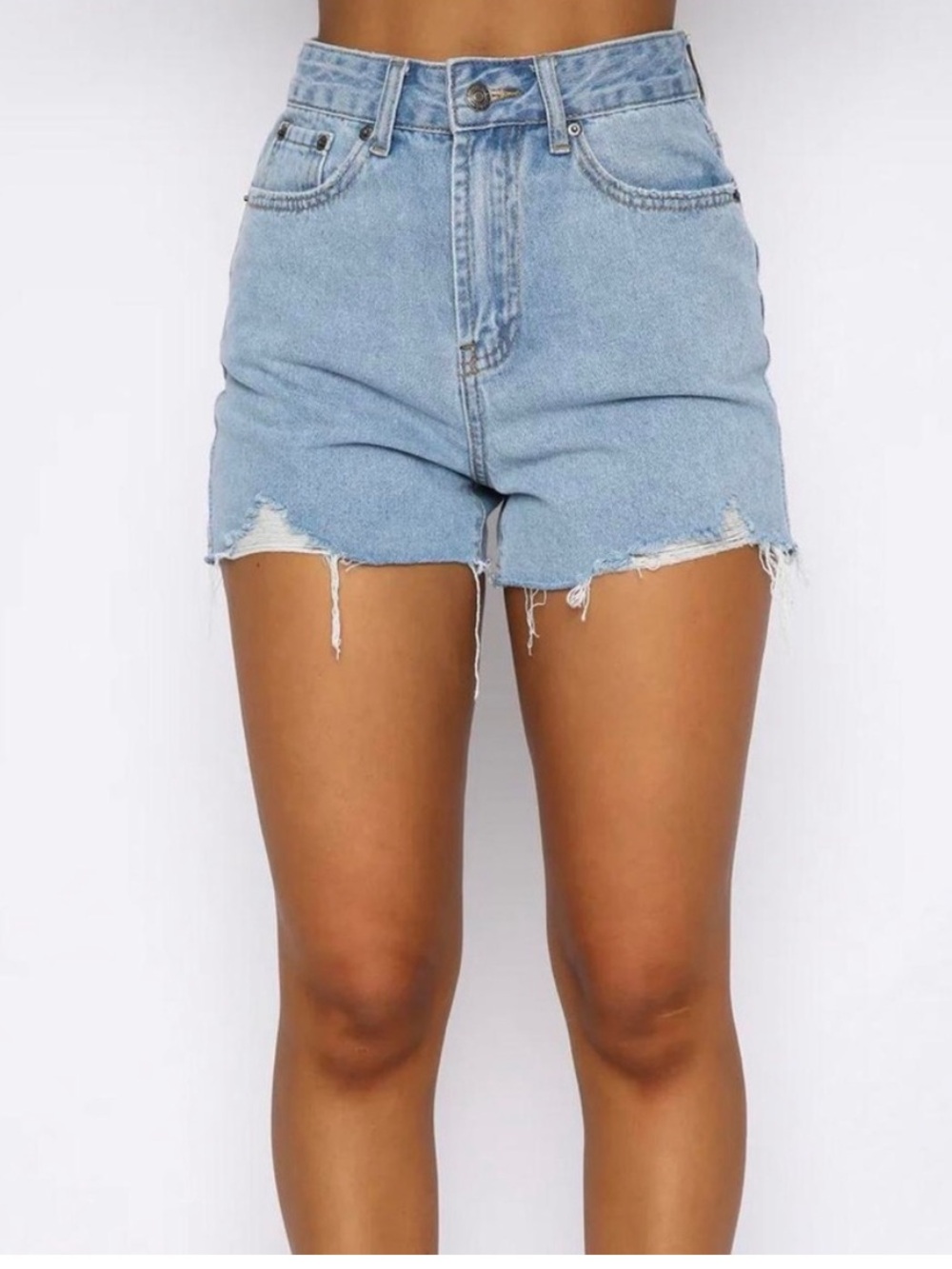 WHITE FOX High-Rise Light Blue Denim Cutoff Distressed Shorts